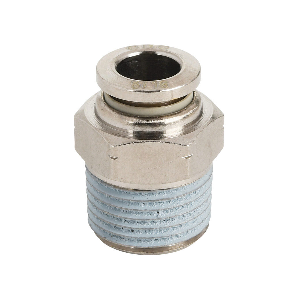 MS516-38N-B - NITRA pneumatic push-to-connect fitting, straight, nickel-plated brass body, nickel-plated brass threads, thread sealant, (1) 3/8in male NPT to (1) 5/16in (8mm) push-to-connect. Package of 5.