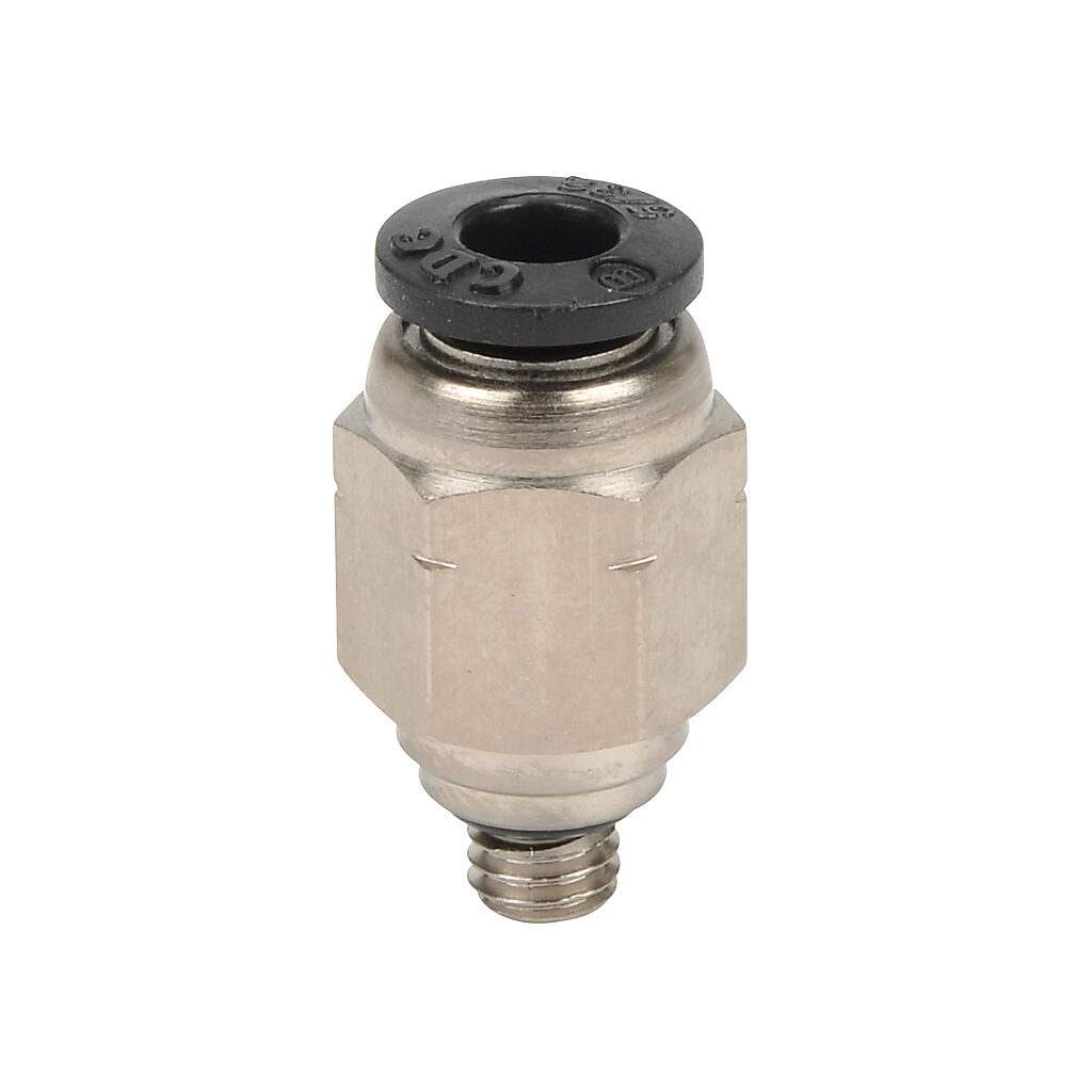 MS532-10N - NITRA pneumatic push-to-connect fitting, straight, nickel-plated brass body, nickel-plated brass threads, Buna-N O-ring seal(s), (1) #10-32 male UNF to (1) 5/32in (4mm) push-to-connect. Package of 5.