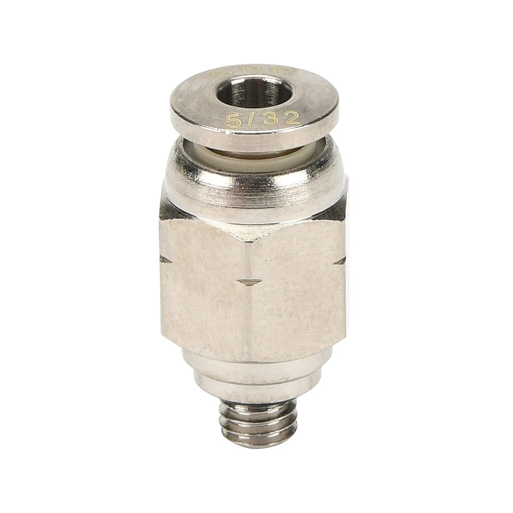 MS532-10N-B - NITRA pneumatic push-to-connect fitting, straight, nickel-plated brass body, nickel-plated brass threads, Buna-N O-ring seal(s), (1) #10-32 male UNF to (1) 5/32in (4mm) push-to-connect. Package of 5.