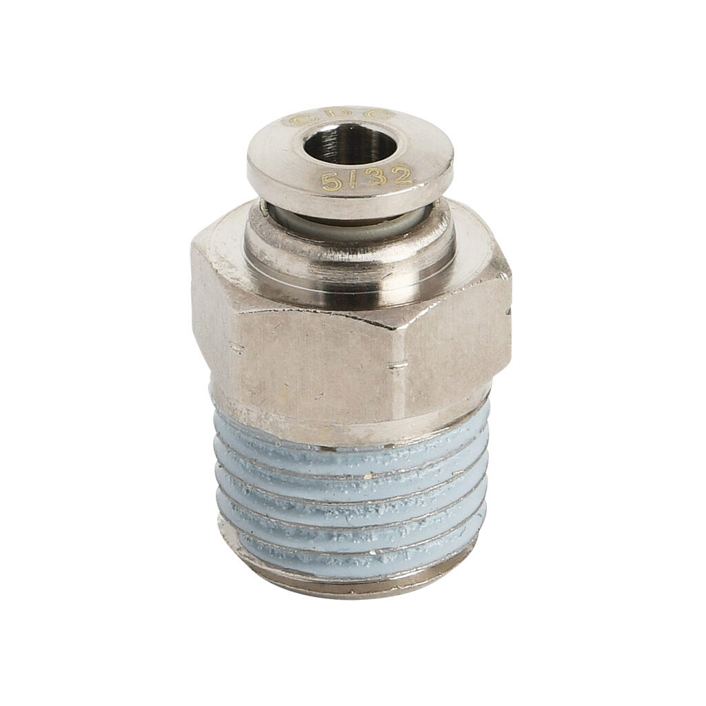 MS532-14N-B - NITRA pneumatic push-to-connect fitting, straight, nickel-plated brass body, nickel-plated brass threads, thread sealant, (1) 1/4in male NPT to (1) 5/32in (4mm) push-to-connect. Package of 5.