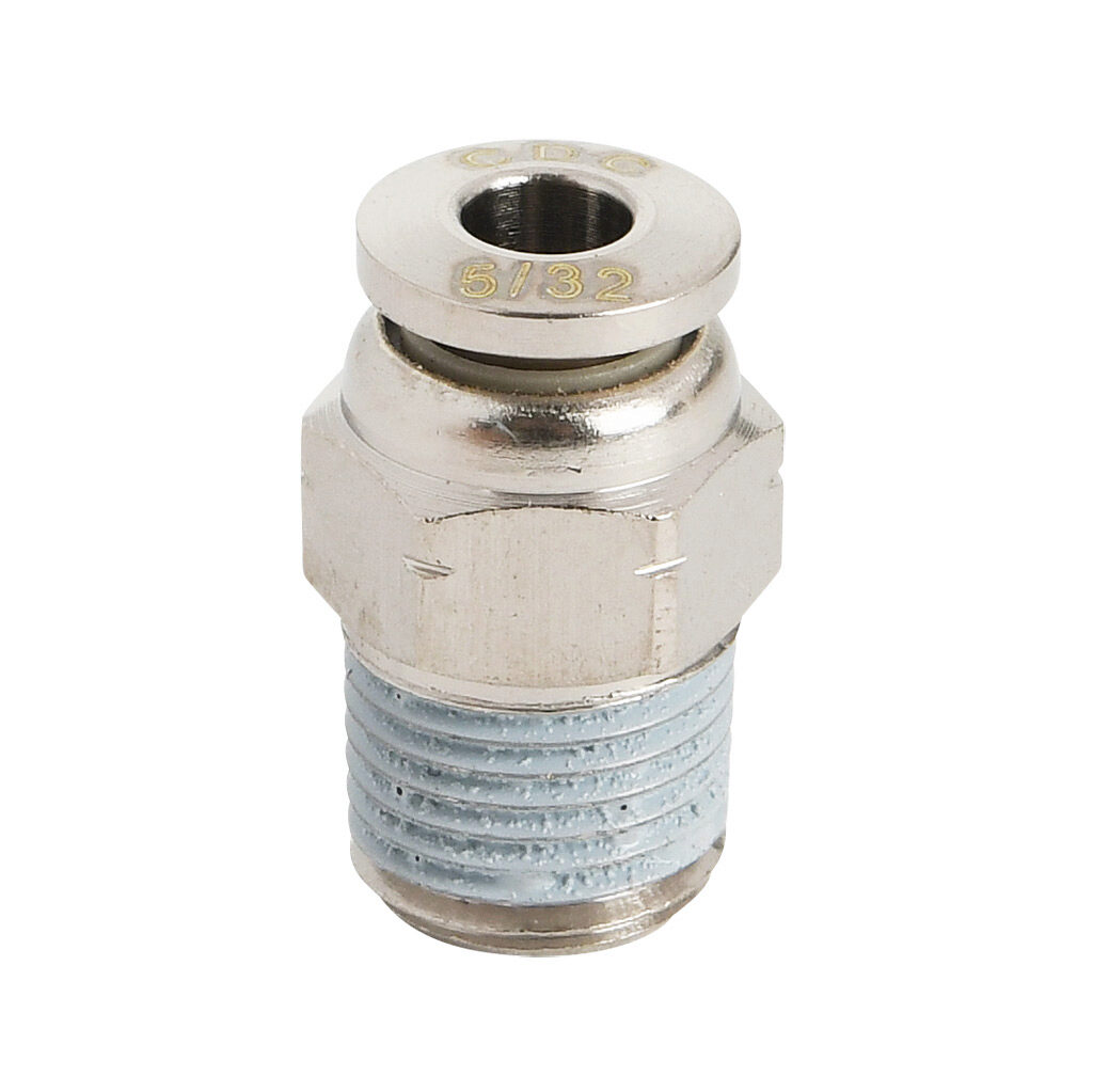 MS532-18N-B - NITRA pneumatic push-to-connect fitting, straight, nickel-plated brass body, nickel-plated brass threads, thread sealant, (1) 1/8in male NPT to (1) 5/32in (4mm) push-to-connect. Package of 5.
