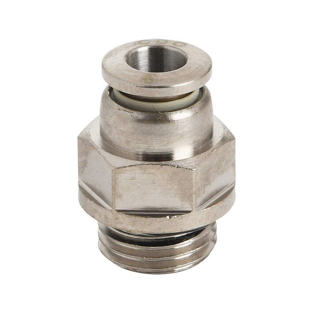 MS6M-14G-B - NITRA pneumatic push-to-connect fitting, straight, nickel-plated brass body, nickel-plated brass threads, Buna-N O-ring seal(s), (1) G1/4 male BSPP to (1) 6mm push-to-connect. Package of 5.