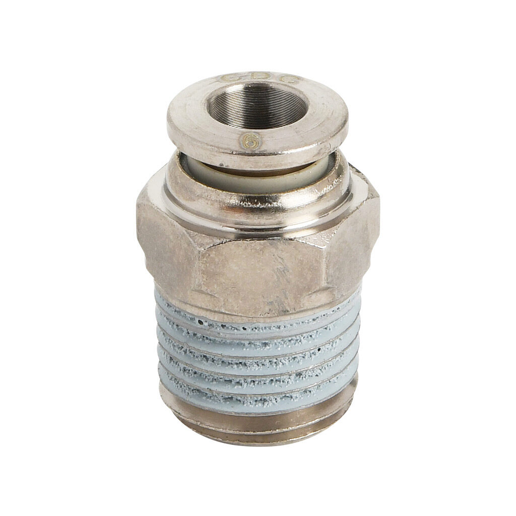 MS6M-14N-B - NITRA pneumatic push-to-connect fitting, straight, nickel-plated brass body, nickel-plated brass threads, thread sealant, (1) 1/4in male NPT to (1) 6mm push-to-connect. Package of 5.