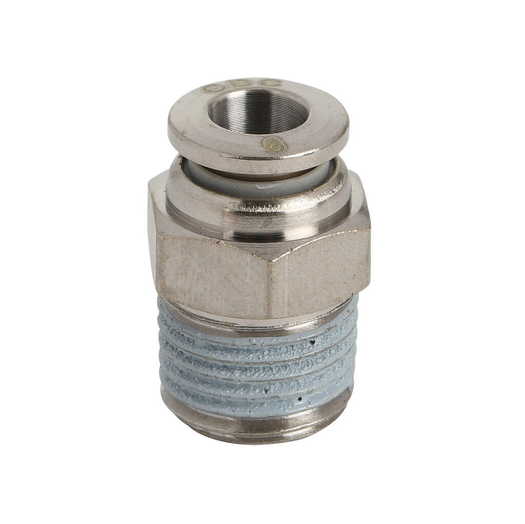 MS6M-14R-B - NITRA pneumatic push-to-connect fitting, straight, nickel-plated brass body, nickel-plated brass threads, thread sealant, (1) R1/4 male BSPT to (1) 6mm push-to-connect. Package of 5.