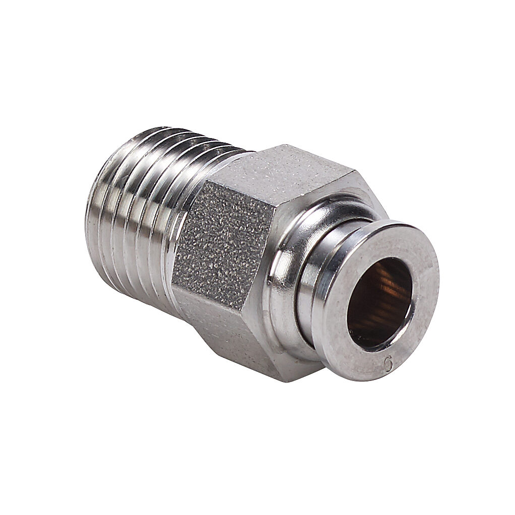 MS6M-14R-SS - NITRA pneumatic push-to-connect fitting, straight, 316 stainless steel body, 316 stainless steel threads, (1) R1/4 male BSPT to (1) 6mm push-to-connect.