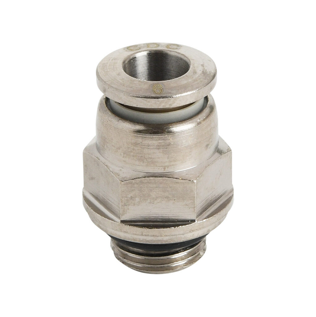 MS6M-18G-B - NITRA pneumatic push-to-connect fitting, straight, nickel-plated brass body, nickel-plated brass threads, Buna-N O-ring seal(s), (1) G1/8 male BSPP to (1) 6mm push-to-connect. Package of 5.