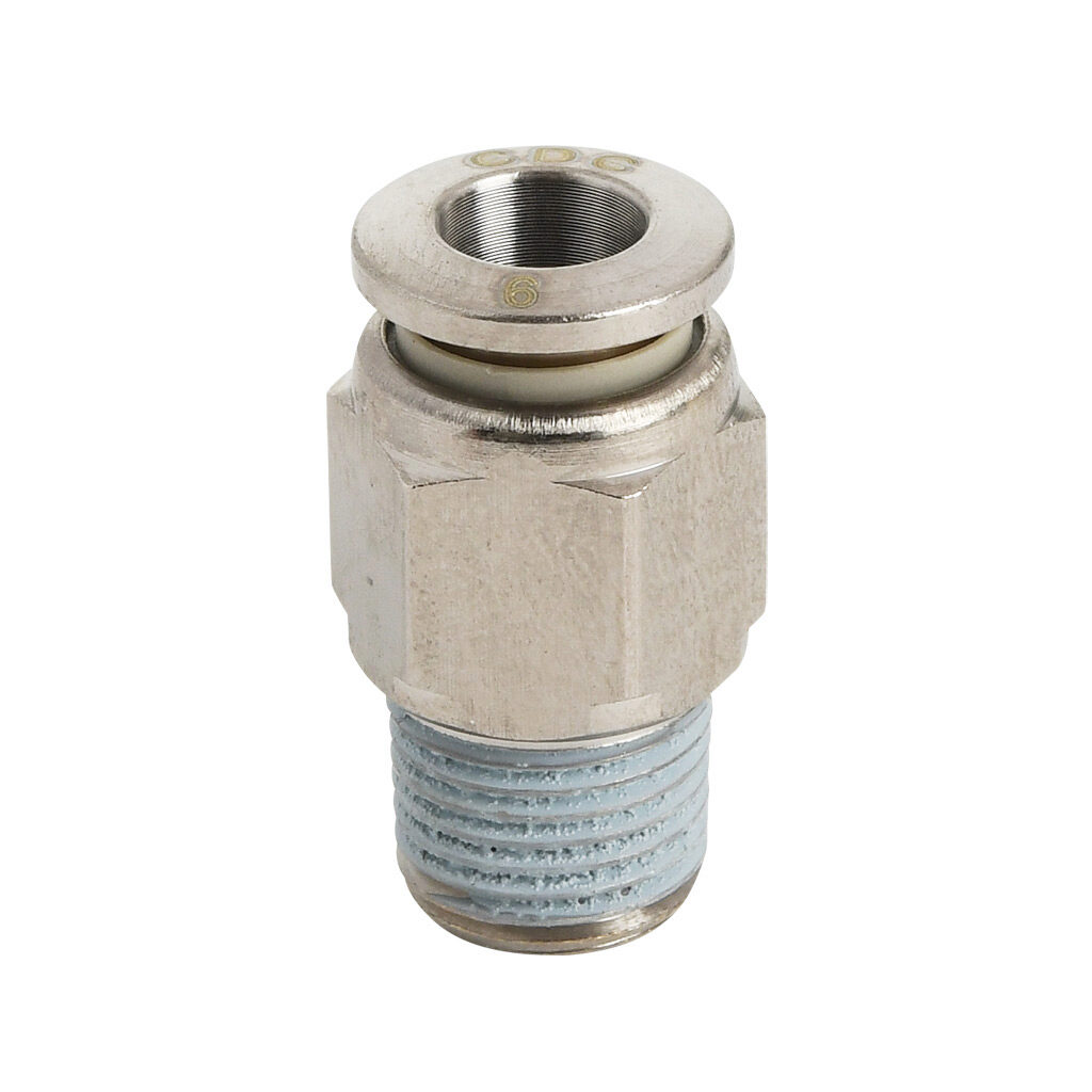 MS6M-18N-B - NITRA pneumatic push-to-connect fitting, straight, nickel-plated brass body, nickel-plated brass threads, thread sealant, (1) 1/8in male NPT to (1) 6mm push-to-connect. Package of 5.
