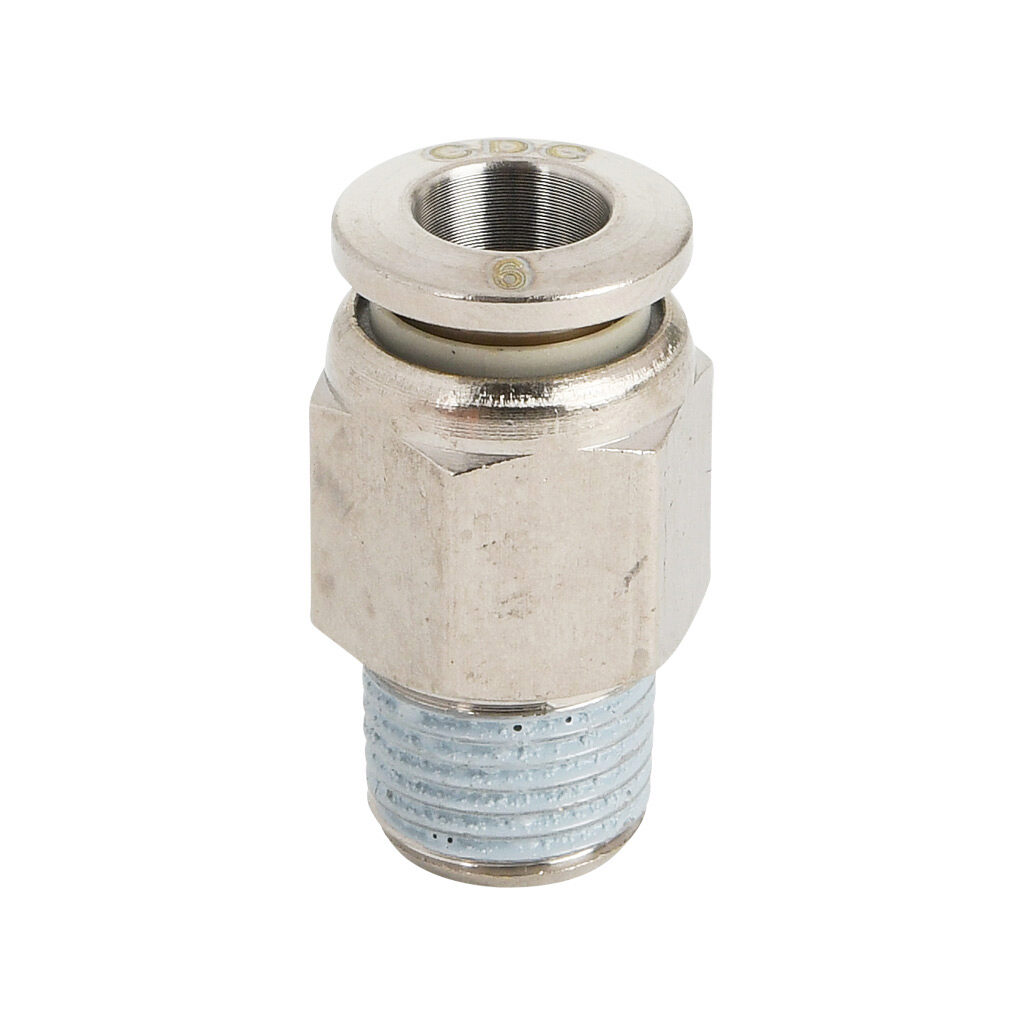 MS6M-18R-B - NITRA pneumatic push-to-connect fitting, straight, nickel-plated brass body, nickel-plated brass threads, thread sealant, (1) R1/8 male BSPT to (1) 6mm push-to-connect. Package of 5.
