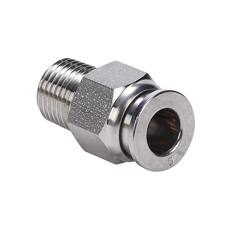 MS6M-18R-SS - NITRA pneumatic push-to-connect fitting, straight, 316 stainless steel body, 316 stainless steel threads, (1) R1/8 male BSPT to (1) 6mm push-to-connect.