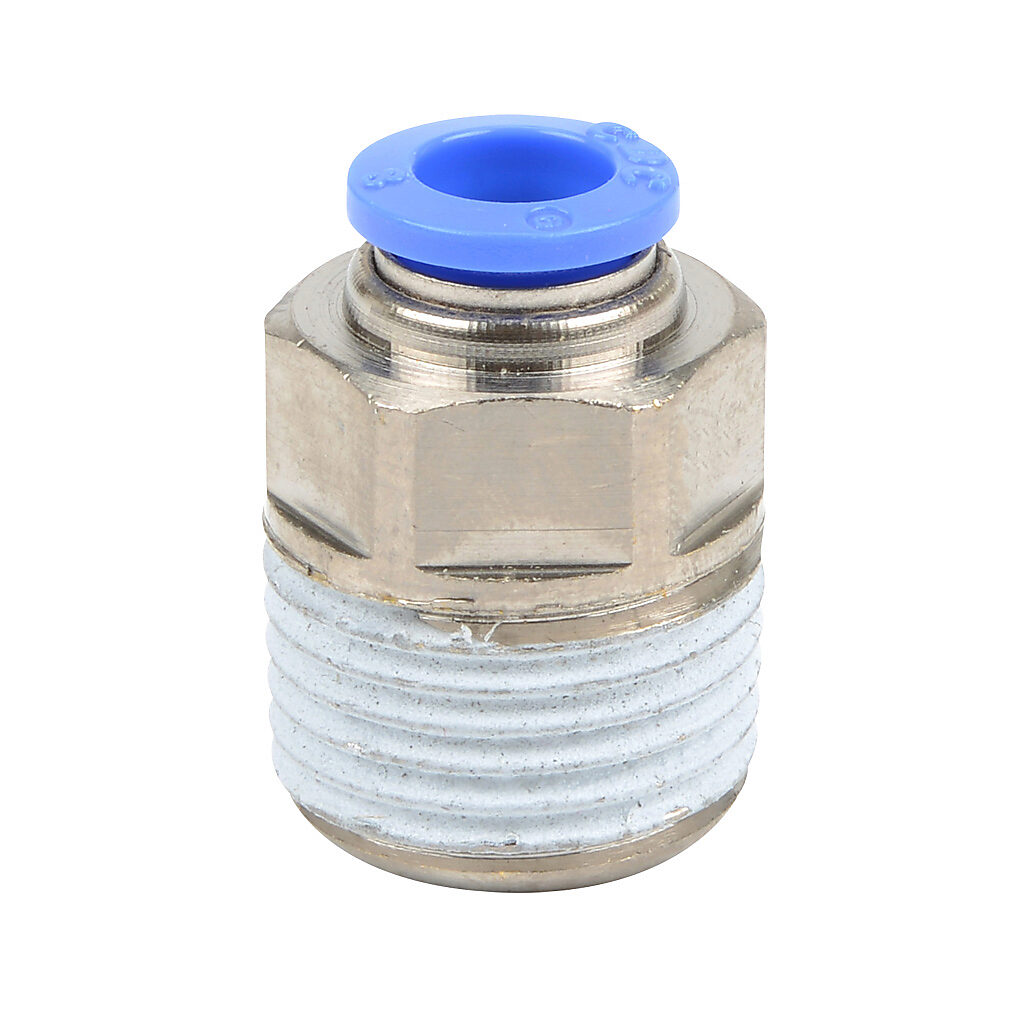 MS8M-12R - NITRA pneumatic push-to-connect fitting, straight, nickel-plated brass body, nickel-plated brass threads, thread sealant, (1) R1/2 male BSPT to (1) 5/16in (8mm) push-to-connect. Package of 5.