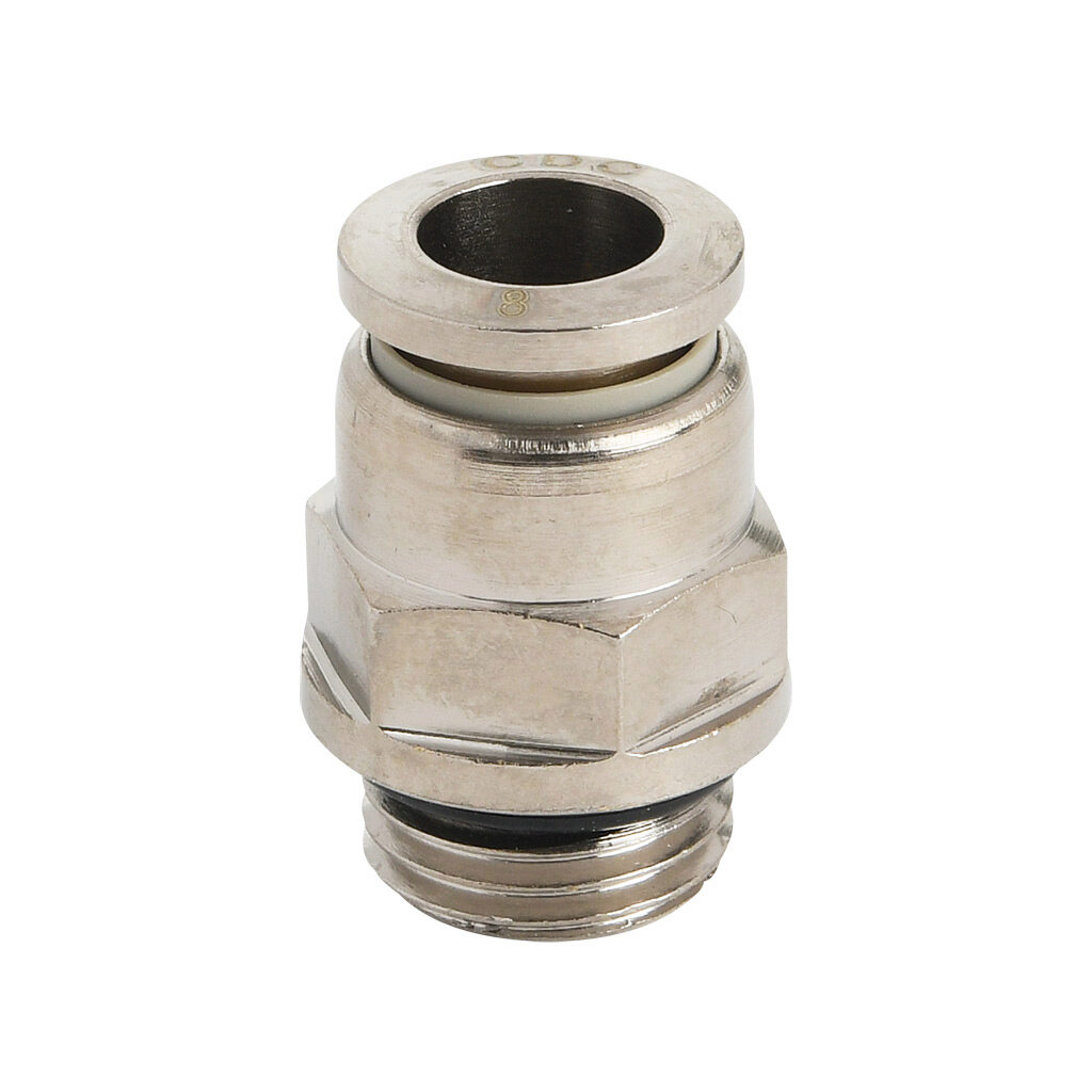 MS8M-14G-B - NITRA pneumatic push-to-connect fitting, straight, nickel-plated brass body, nickel-plated brass threads, Buna-N O-ring seal(s), (1) G1/4 male BSPP to (1) 5/16in (8mm) push-to-connect. Package of 5.