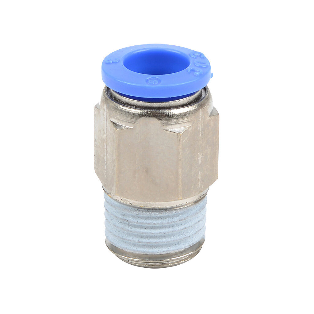 MS8M-14R - NITRA pneumatic push-to-connect fitting, straight, nickel-plated brass body, nickel-plated brass threads, thread sealant, (1) R1/4 male BSPT to (1) 5/16in (8mm) push-to-connect. Package of 5.
