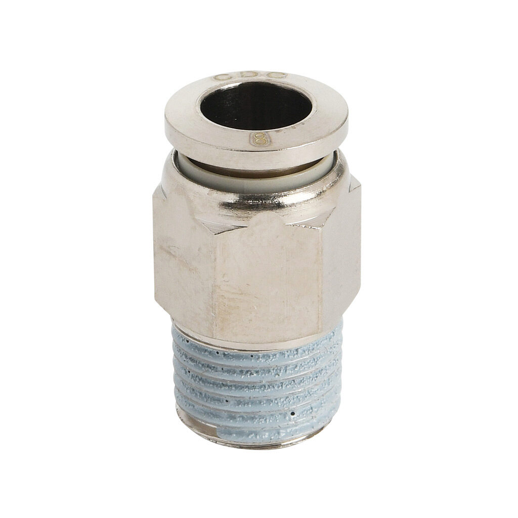 MS8M-14R-B - NITRA pneumatic push-to-connect fitting, straight, nickel-plated brass body, nickel-plated brass threads, thread sealant, (1) R1/4 male BSPT to (1) 5/16in (8mm) push-to-connect. Package of 5.
