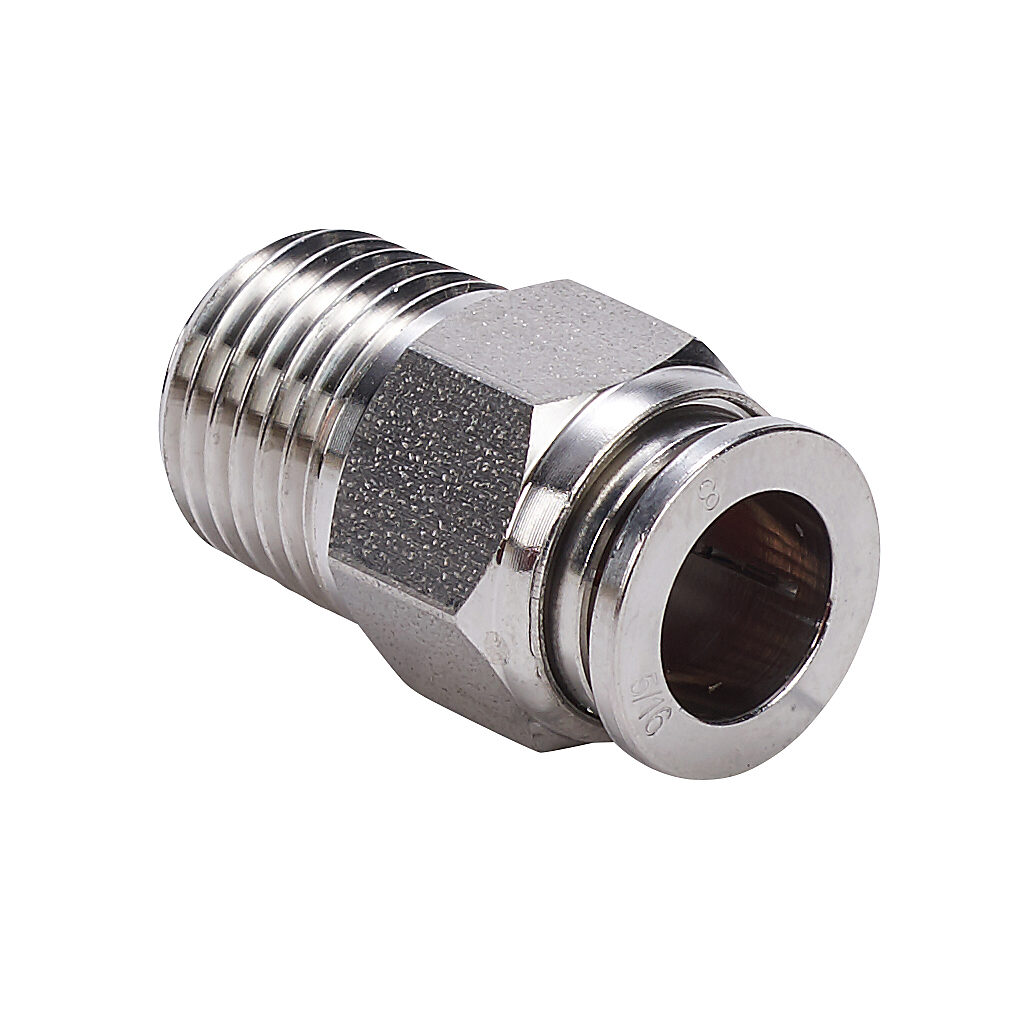 MS8M-14R-SS - NITRA pneumatic push-to-connect fitting, straight, 316 stainless steel body, 316 stainless steel threads, (1) R1/4 male BSPT to (1) 5/16in (8mm) push-to-connect.
