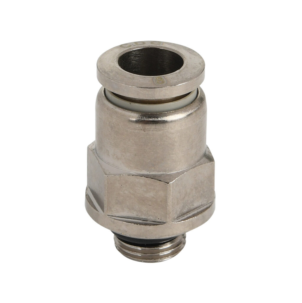 MS8M-18G-B - NITRA pneumatic push-to-connect fitting, straight, nickel-plated brass body, nickel-plated brass threads, Buna-N O-ring seal(s), (1) G1/8 male BSPP to (1) 5/16in (8mm) push-to-connect. Package of 5.