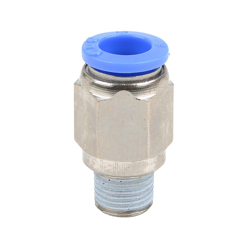 MS8M-18R - NITRA pneumatic push-to-connect fitting, straight, nickel-plated brass body, nickel-plated brass threads, thread sealant, (1) R1/8 male BSPT to (1) 5/16in (8mm) push-to-connect. Package of 5.