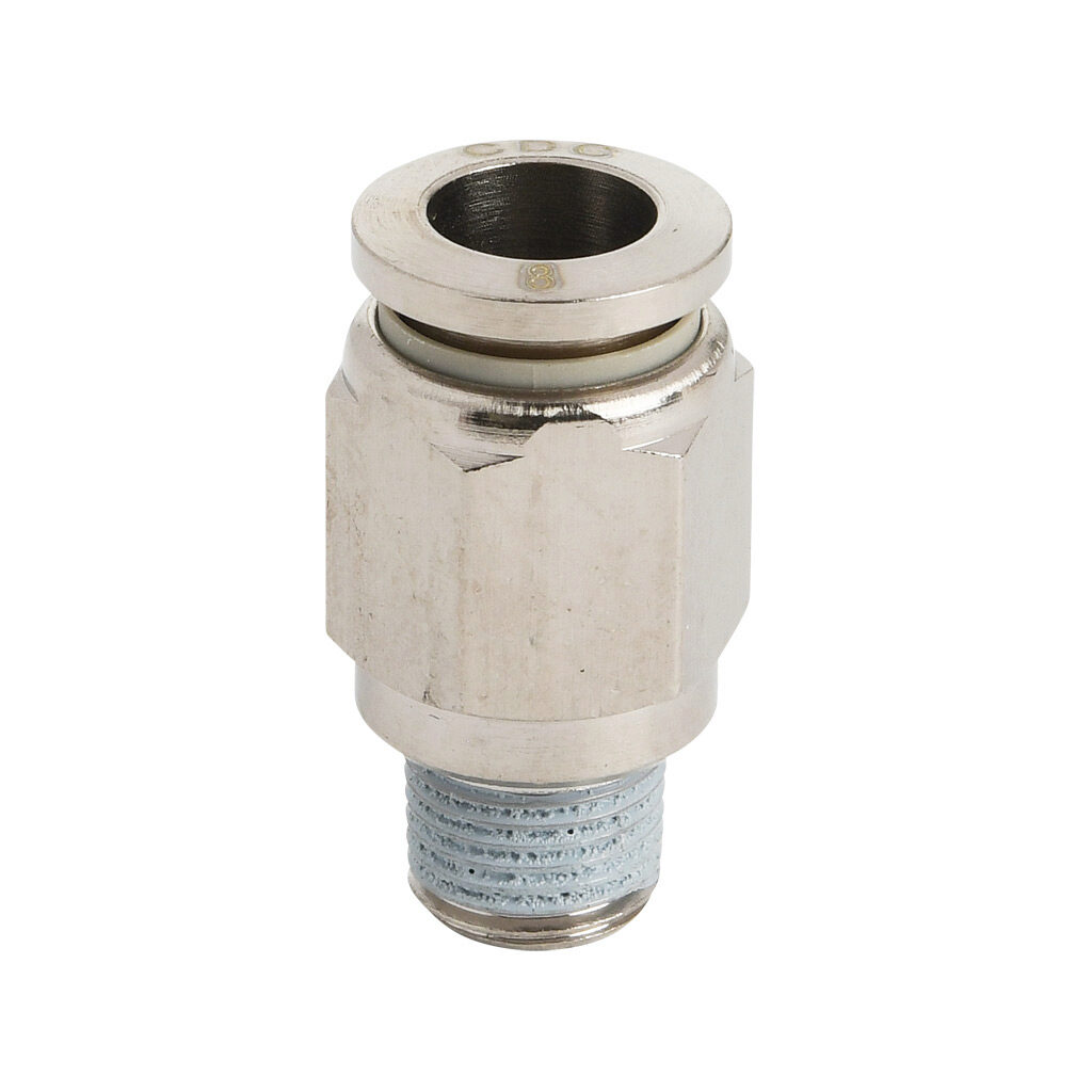 MS8M-18R-B - NITRA pneumatic push-to-connect fitting, straight, nickel-plated brass body, nickel-plated brass threads, thread sealant, (1) R1/8 male BSPT to (1) 5/16in (8mm) push-to-connect. Package of 5.