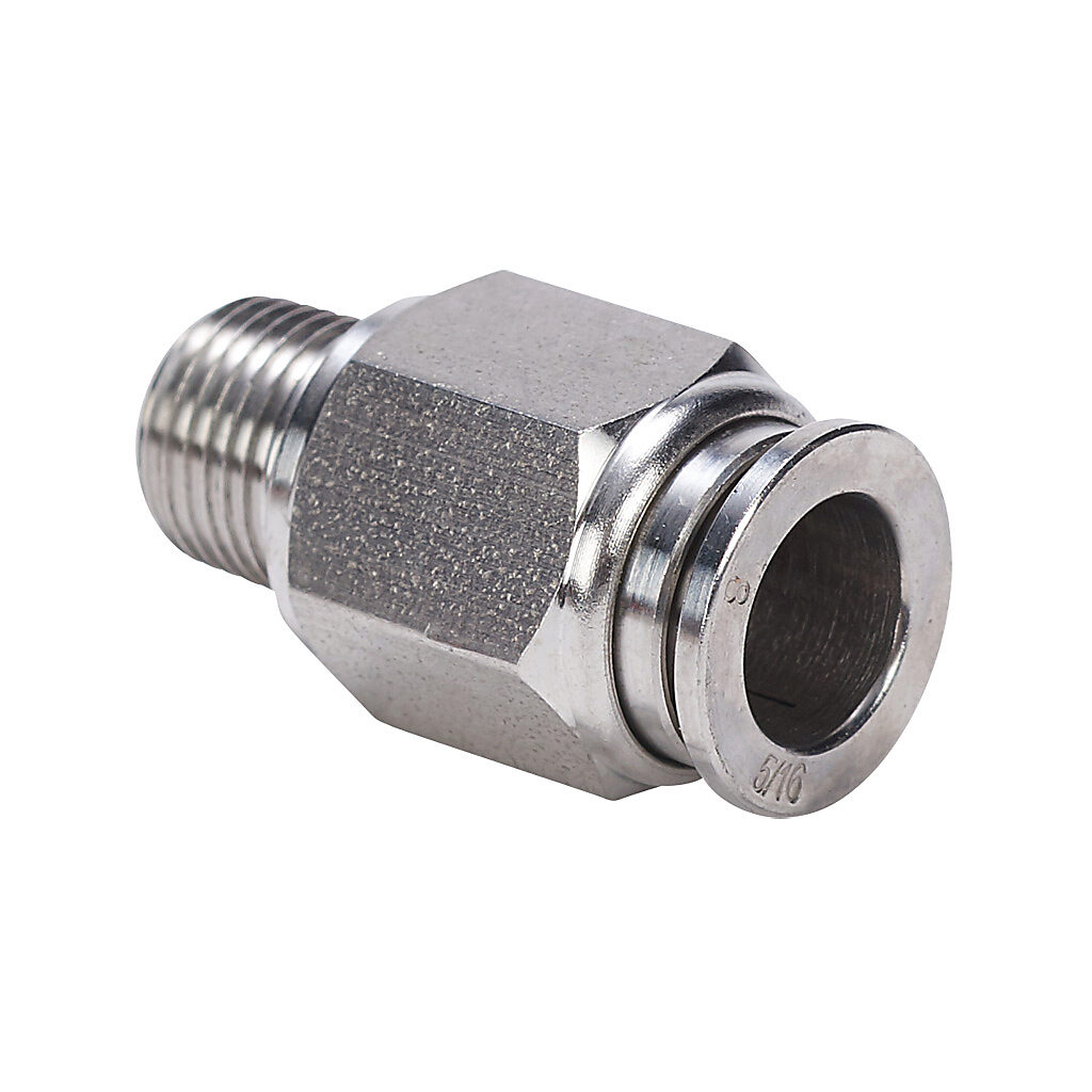 MS8M-18R-SS - NITRA pneumatic push-to-connect fitting, straight, 316 stainless steel body, 316 stainless steel threads, (1) R1/8 male BSPT to (1) 5/16in (8mm) push-to-connect.