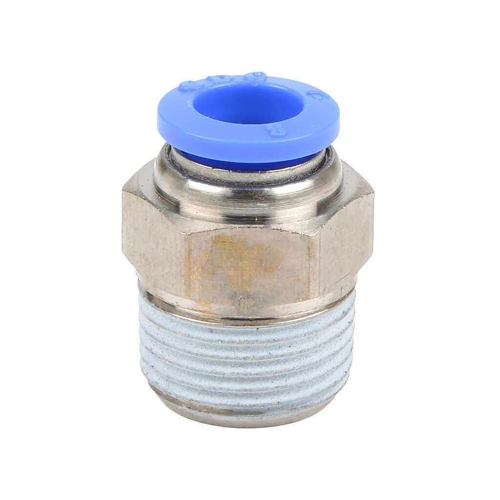 MS8M-38R - NITRA pneumatic push-to-connect fitting, straight, nickel-plated brass body, nickel-plated brass threads, thread sealant, (1) R3/8 male BSPT to (1) 5/16in (8mm) push-to-connect. Package of 5.