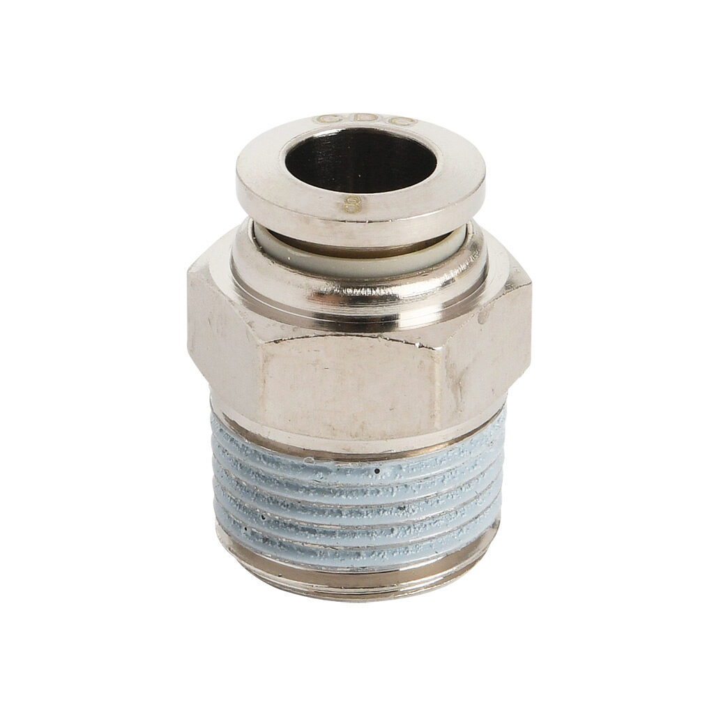 MS8M-38R-B - NITRA pneumatic push-to-connect fitting, straight, nickel-plated brass body, nickel-plated brass threads, thread sealant, (1) R3/8 male BSPT to (1) 5/16in (8mm) push-to-connect. Package of 5.