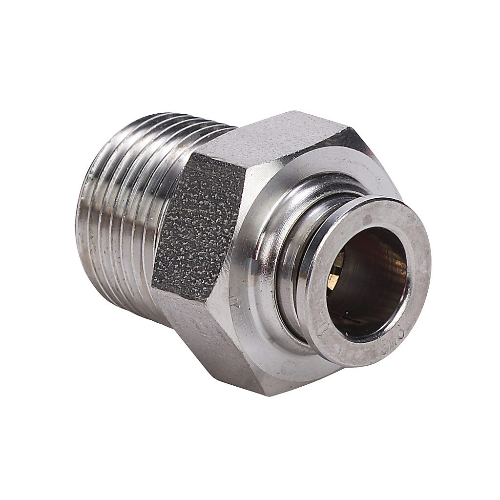 MS8M-38R-SS - NITRA pneumatic push-to-connect fitting, straight, 316 stainless steel body, 316 stainless steel threads, (1) R3/8 male BSPT to (1) 5/16in (8mm) push-to-connect.