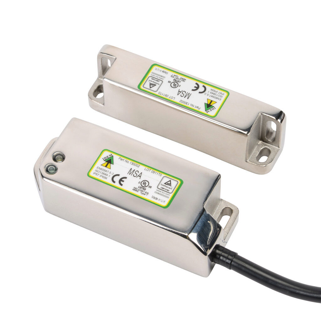 MSA-130002 - IDEM standalone safety switch set, non-contact coded magnetic, manual or automatic restart, (2) N.C. safety output(s), (1) status monitoring output(s), 316 stainless steel housing, 38mm x 95mm body, pigtail, 16.4ft/5m cable length.
