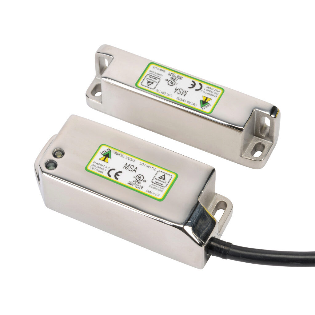 MSA-130003 - IDEM standalone safety switch set, non-contact coded magnetic, manual or automatic restart, (2) N.C. safety output(s), (1) status monitoring output(s), 316 stainless steel housing, 38mm x 95mm body, pigtail, 32.8ft/10m cable length.