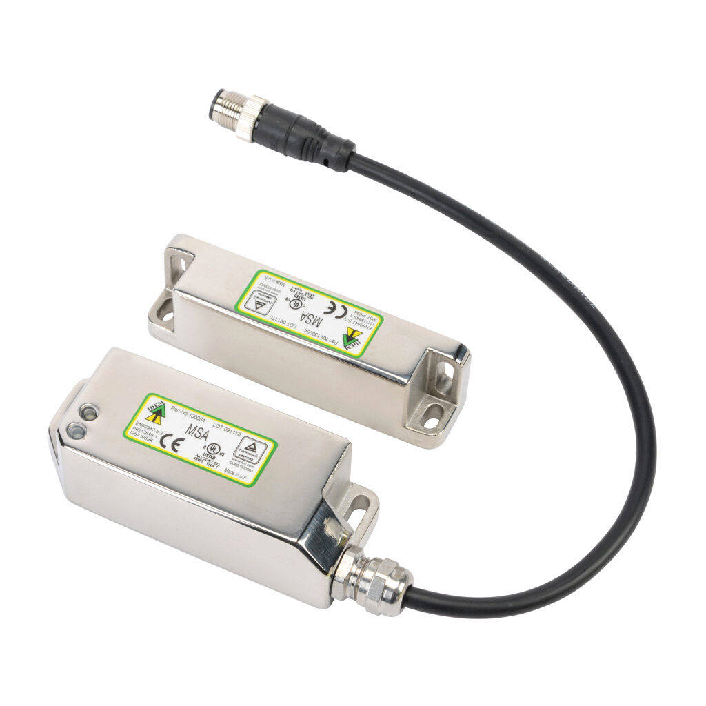 MSA-130004 - IDEM standalone safety switch set, non-contact coded magnetic, automatic restart, (2) N.C. safety output(s), 316 stainless steel housing, 38mm x 95mm body, 8-pin M12 quick-disconnect, 9.8in/250mm cable length.