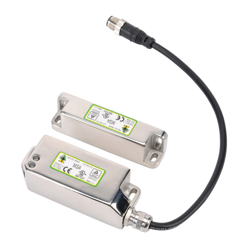 MSA-130005 - IDEM standalone safety switch set, non-contact coded magnetic, manual restart, (2) N.C. safety output(s), 316 stainless steel housing, 38mm x 95mm body, 8-pin M12 quick-disconnect, 9.8in/250mm cable length.