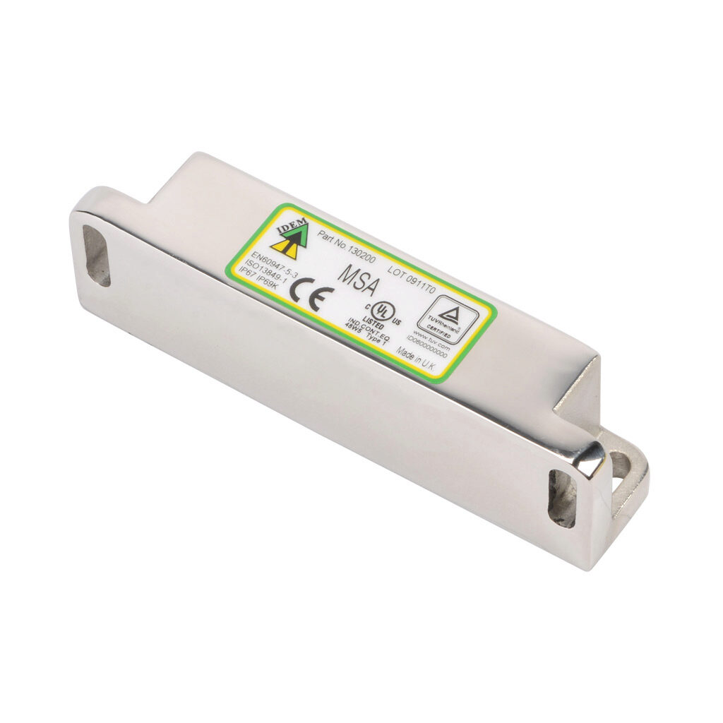 MSA-130200 - IDEM safety switch actuator, replacement, non-contact coded magnetic, 316 stainless steel housing, 21mm x 95mm.