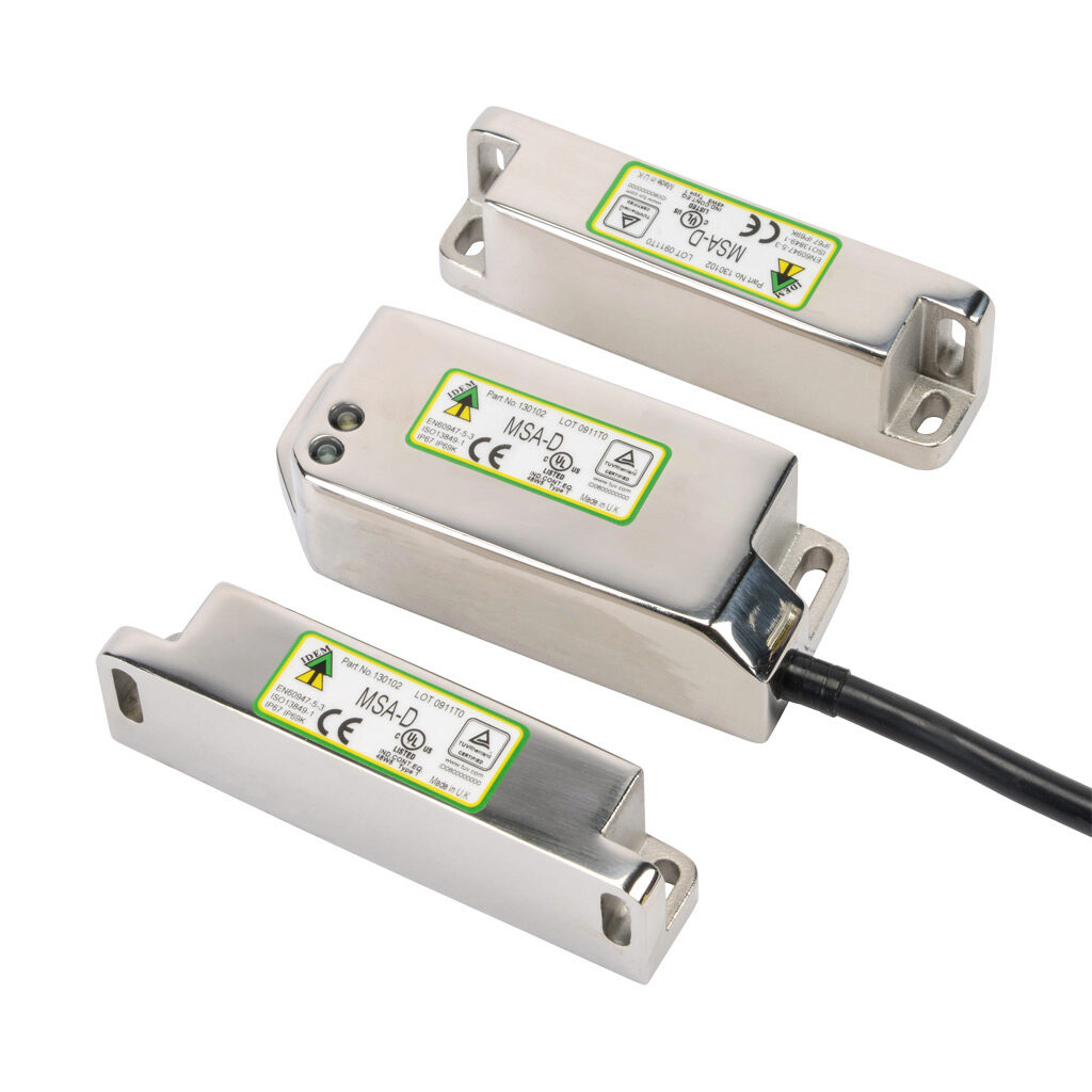 MSA-D-130102 - IDEM standalone safety switch set, dual non-contact coded magnetic, manual or automatic restart, (2) N.C. safety output(s), (1) status monitoring output(s), 316 stainless steel housing, 38mm x 95mm body, pigtail, 16.4ft/5m cable len...