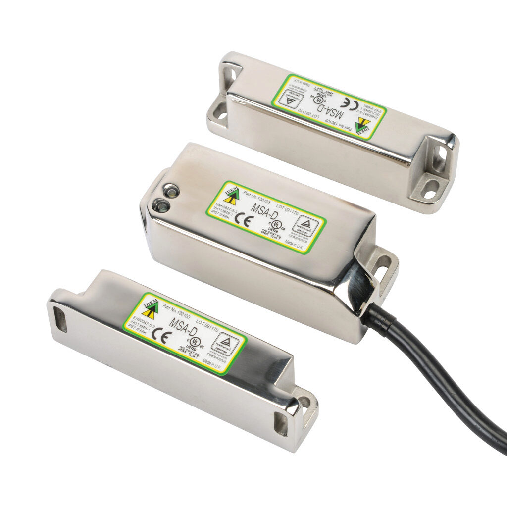 MSA-D-130103 - IDEM standalone safety switch set, dual non-contact coded magnetic, manual or automatic restart, (2) N.C. safety output(s), (1) status monitoring output(s), 316 stainless steel housing, 38mm x 95mm body, pigtail, 32.8ft/10m cable le...