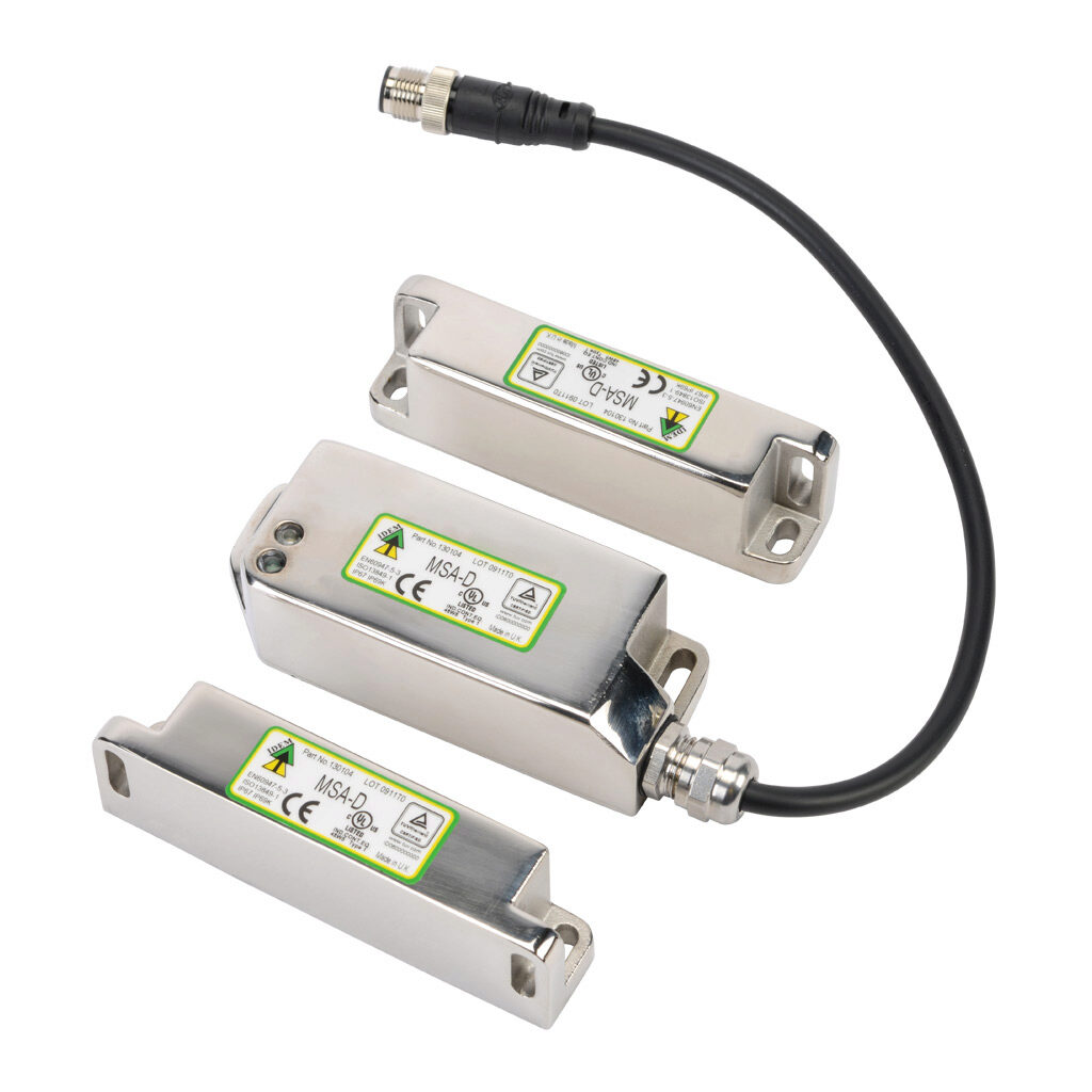 MSA-D-130104 - IDEM standalone safety switch set, dual non-contact coded magnetic, automatic restart, (2) N.C. safety output(s), 316 stainless steel housing, 38mm x 95mm body, 8-pin M12 quick-disconnect, 9.8in/250mm cable length.