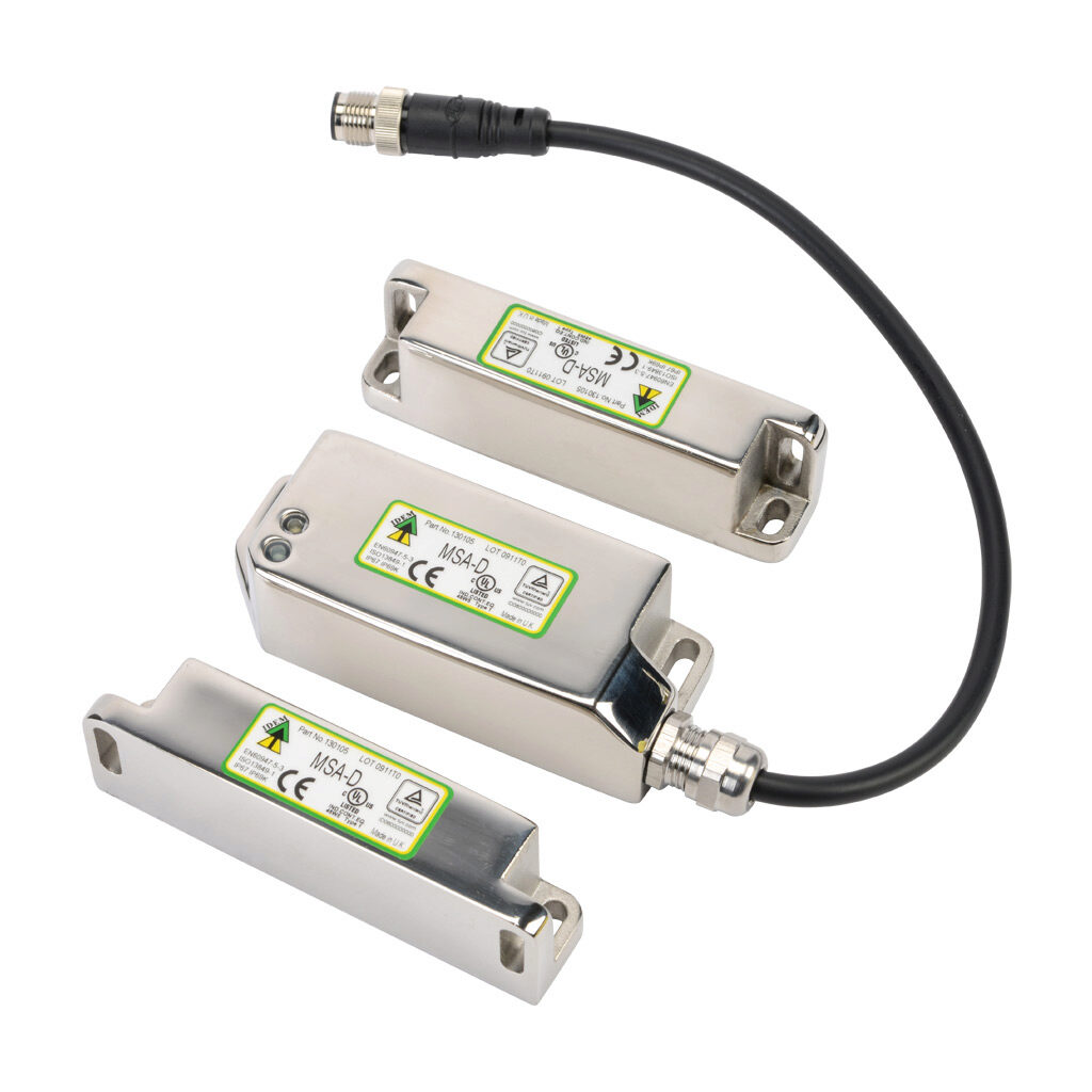 MSA-D-130105 - IDEM standalone safety switch set, dual non-contact coded magnetic, manual restart, (2) N.C. safety output(s), 316 stainless steel housing, 38mm x 95mm body, 8-pin M12 quick-disconnect, 9.8in/250mm cable length.
