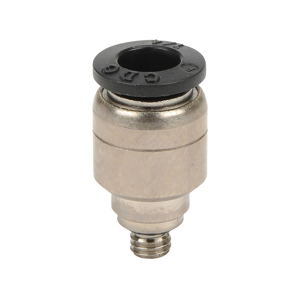 MSR14-10N - NITRA pneumatic push-to-connect fitting, round straight, nickel-plated brass body, nickel-plated brass threads, Buna-N O-ring seal(s), (1) #10-32 male UNF to (1) 1/4in push-to-connect. Package of 5.
