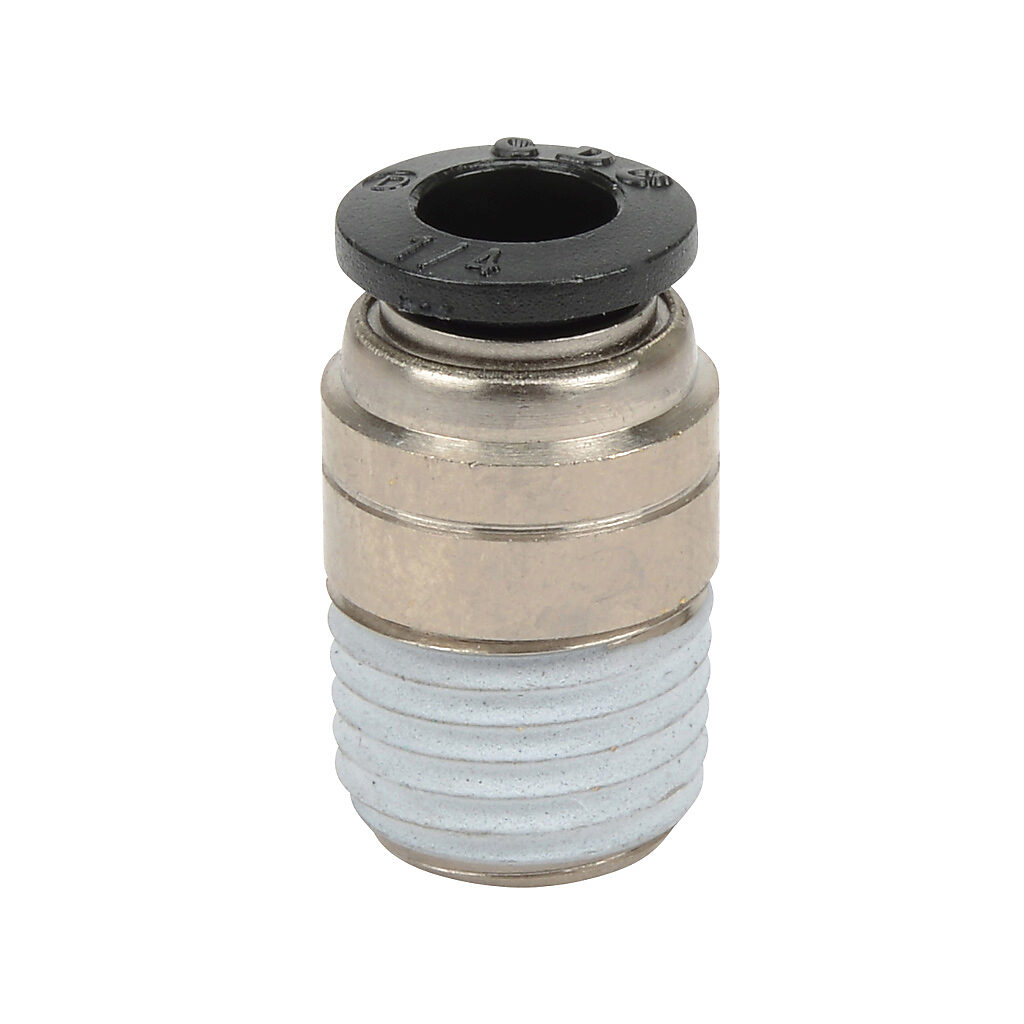 MSR14-14N - NITRA pneumatic push-to-connect fitting, round straight, nickel-plated brass body, nickel-plated brass threads, thread sealant, (1) 1/4in male NPT to (1) 1/4in push-to-connect. Package of 5.