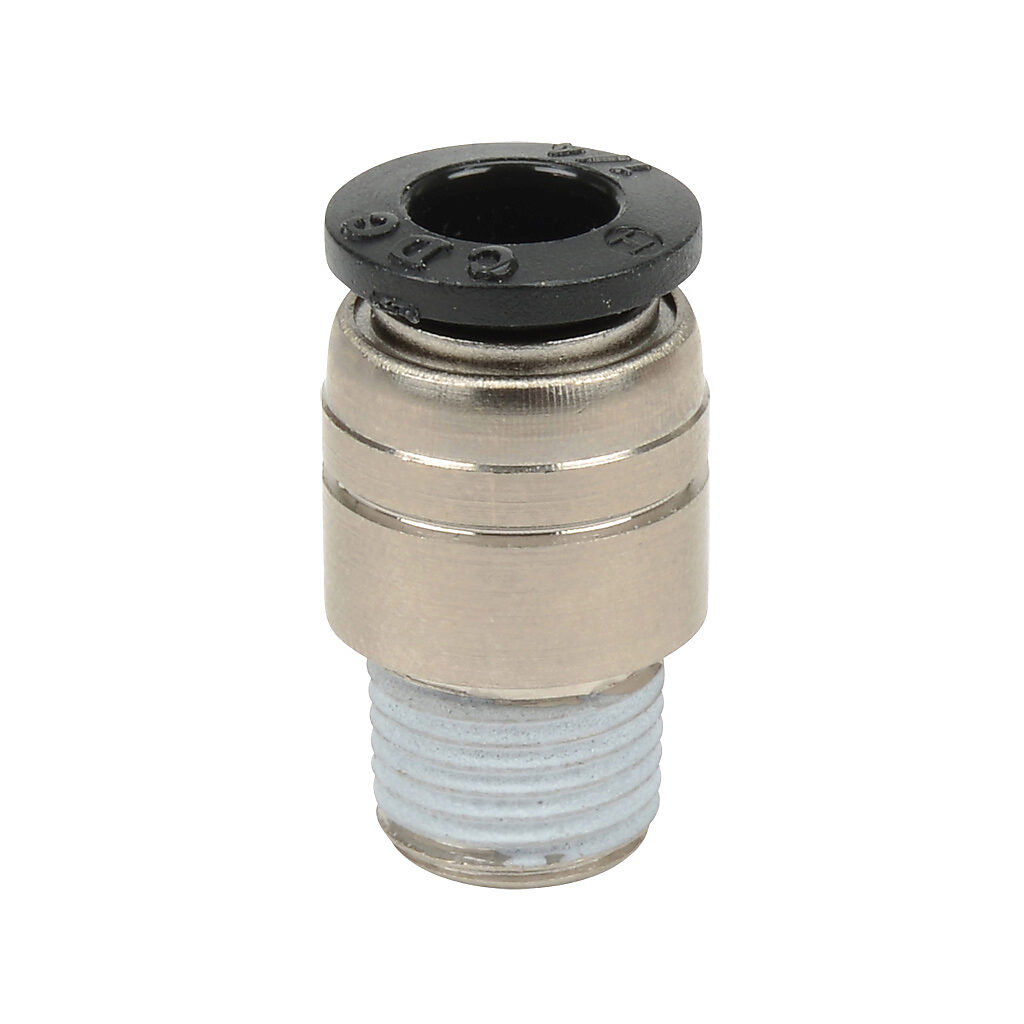 MSR14-18N - NITRA pneumatic push-to-connect fitting, round straight, nickel-plated brass body, nickel-plated brass threads, thread sealant, (1) 1/8in male NPT to (1) 1/4in push-to-connect. Package of 5.