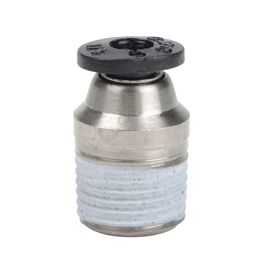 MSR18-18N - NITRA pneumatic push-to-connect fitting, round straight, nickel-plated brass body, nickel-plated brass threads, thread sealant, (1) 1/8in male NPT to (1) 1/8in push-to-connect. Package of 5.