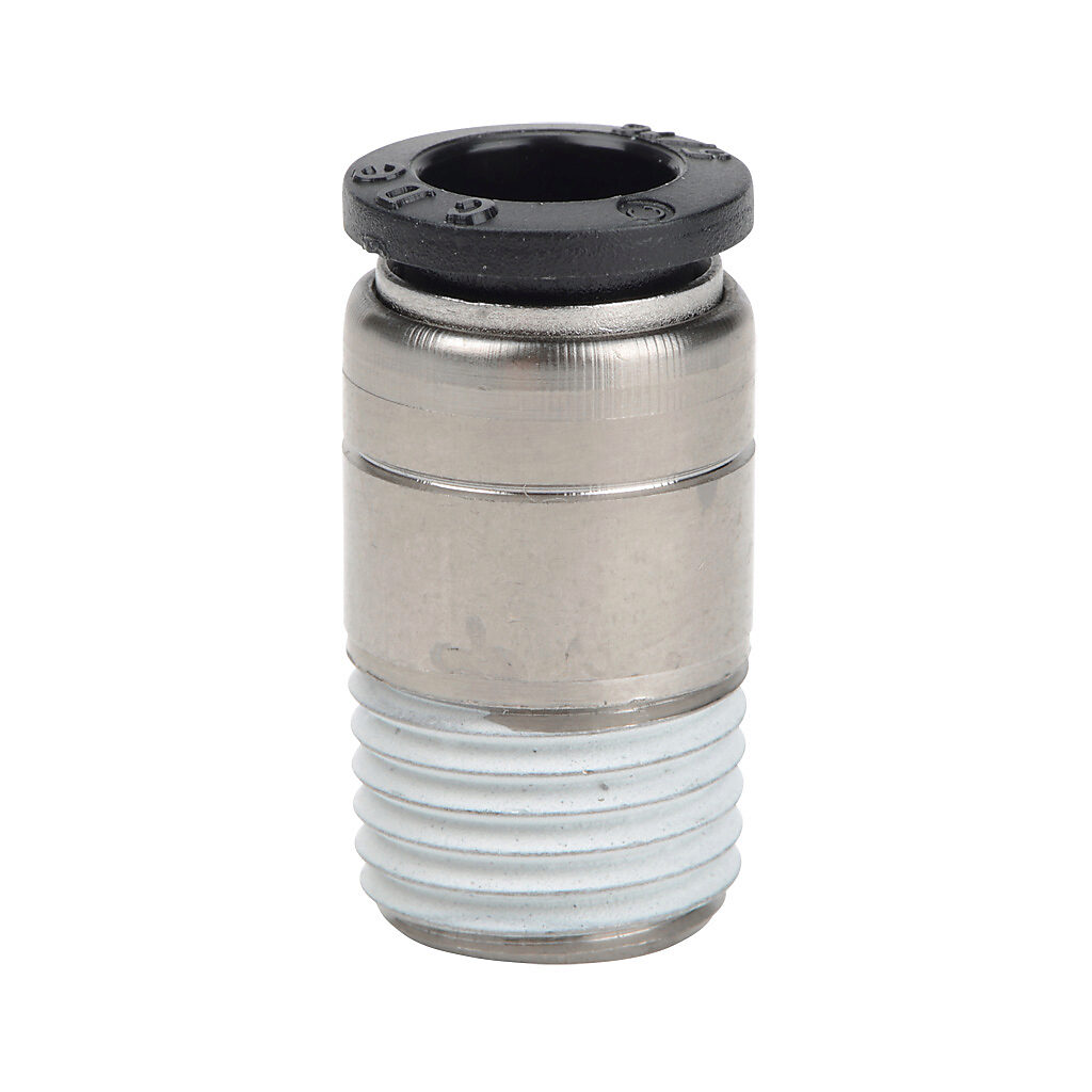 MSR516-14N - NITRA pneumatic push-to-connect fitting, round straight, nickel-plated brass body, nickel-plated brass threads, thread sealant, (1) 1/4in male NPT to (1) 5/16in (8mm) push-to-connect. Package of 5.