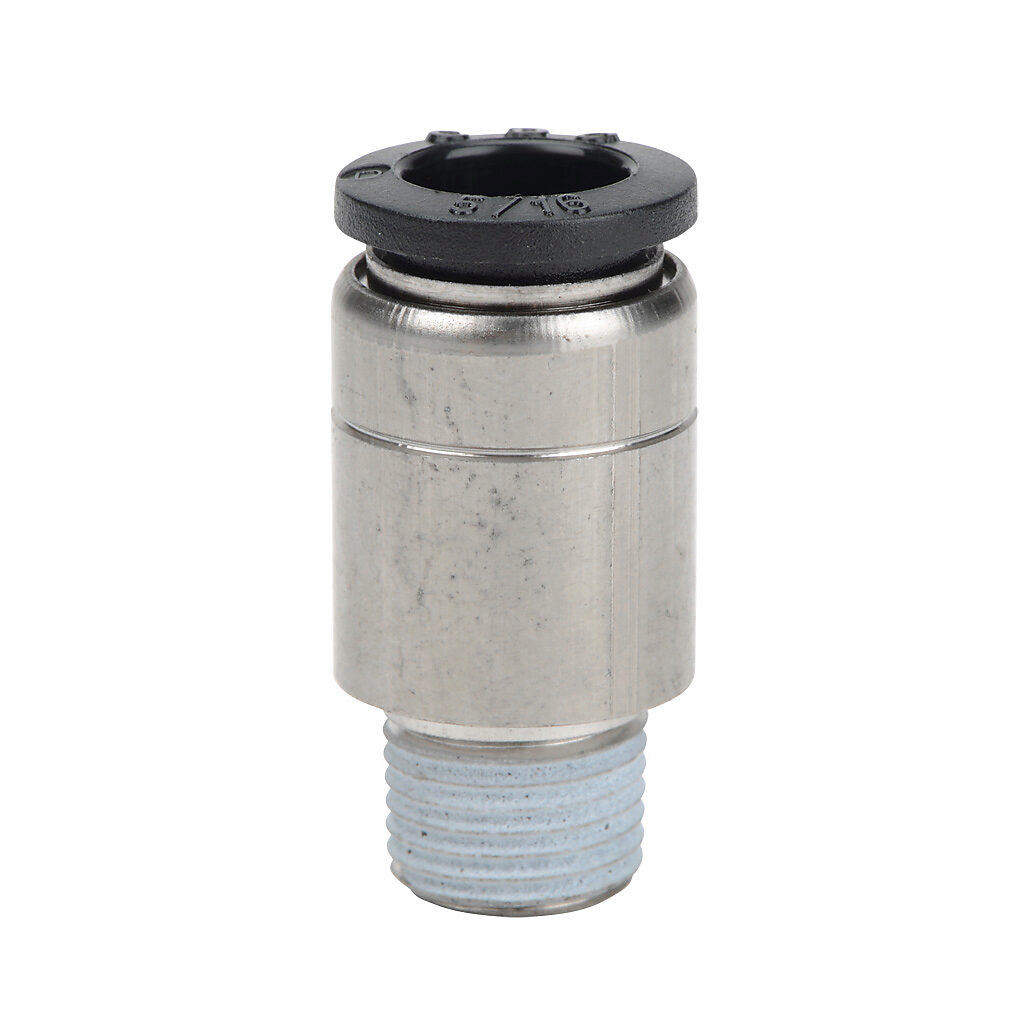 MSR516-18N - NITRA pneumatic push-to-connect fitting, round straight, nickel-plated brass body, nickel-plated brass threads, thread sealant, (1) 1/8in male NPT to (1) 5/16in (8mm) push-to-connect. Package of 5.