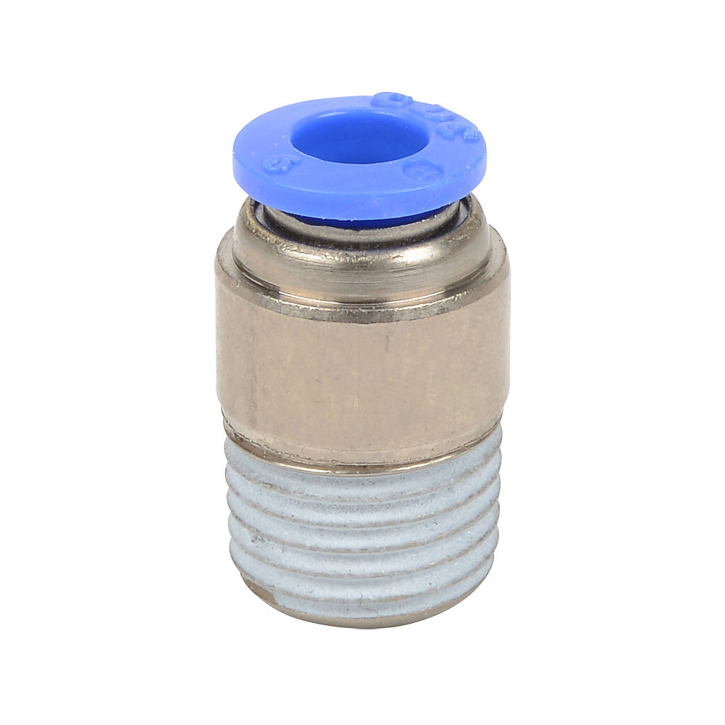 MSR6M-14R - NITRA pneumatic push-to-connect fitting, round straight, nickel-plated brass body, nickel-plated brass threads, thread sealant, (1) R1/4 male BSPT to (1) 6mm push-to-connect. Package of 5.