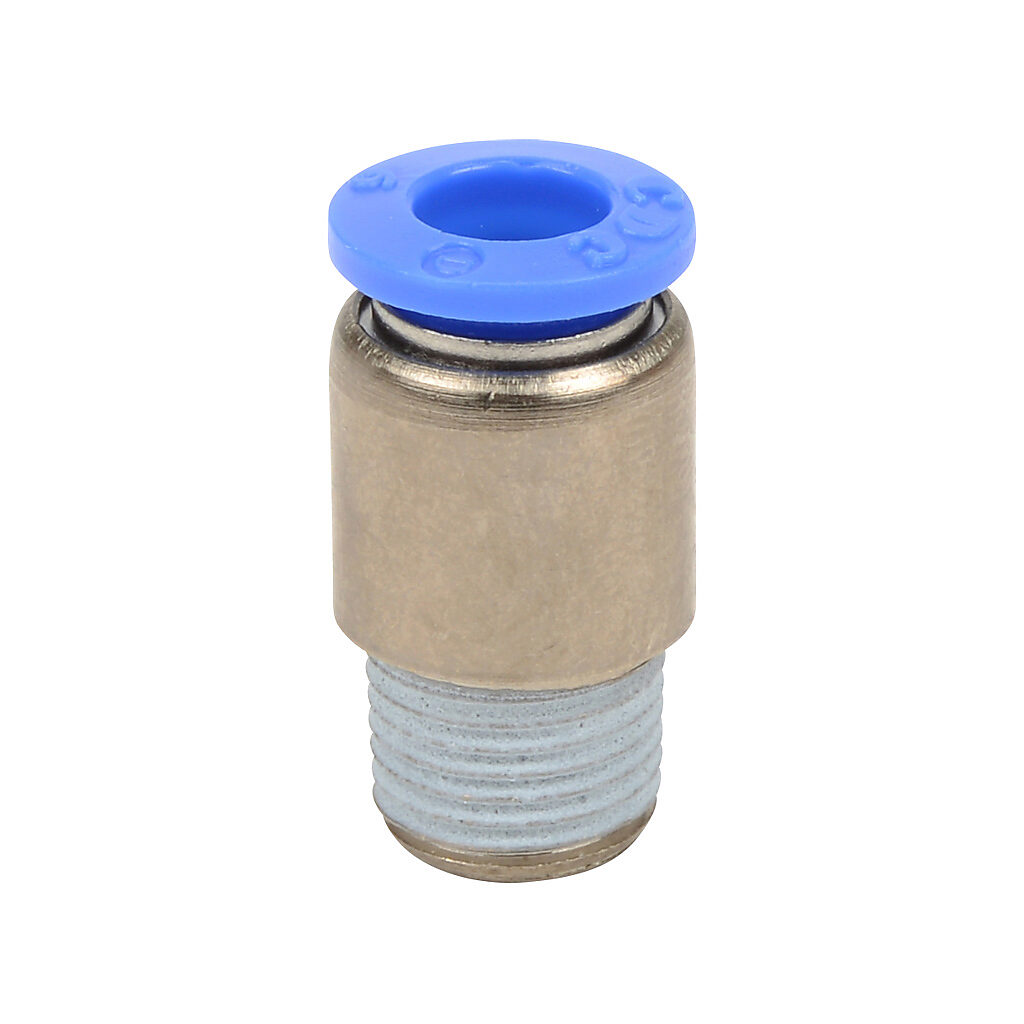 MSR6M-18R - NITRA pneumatic push-to-connect fitting, round straight, nickel-plated brass body, nickel-plated brass threads, thread sealant, (1) R1/8 male BSPT to (1) 6mm push-to-connect. Package of 5.