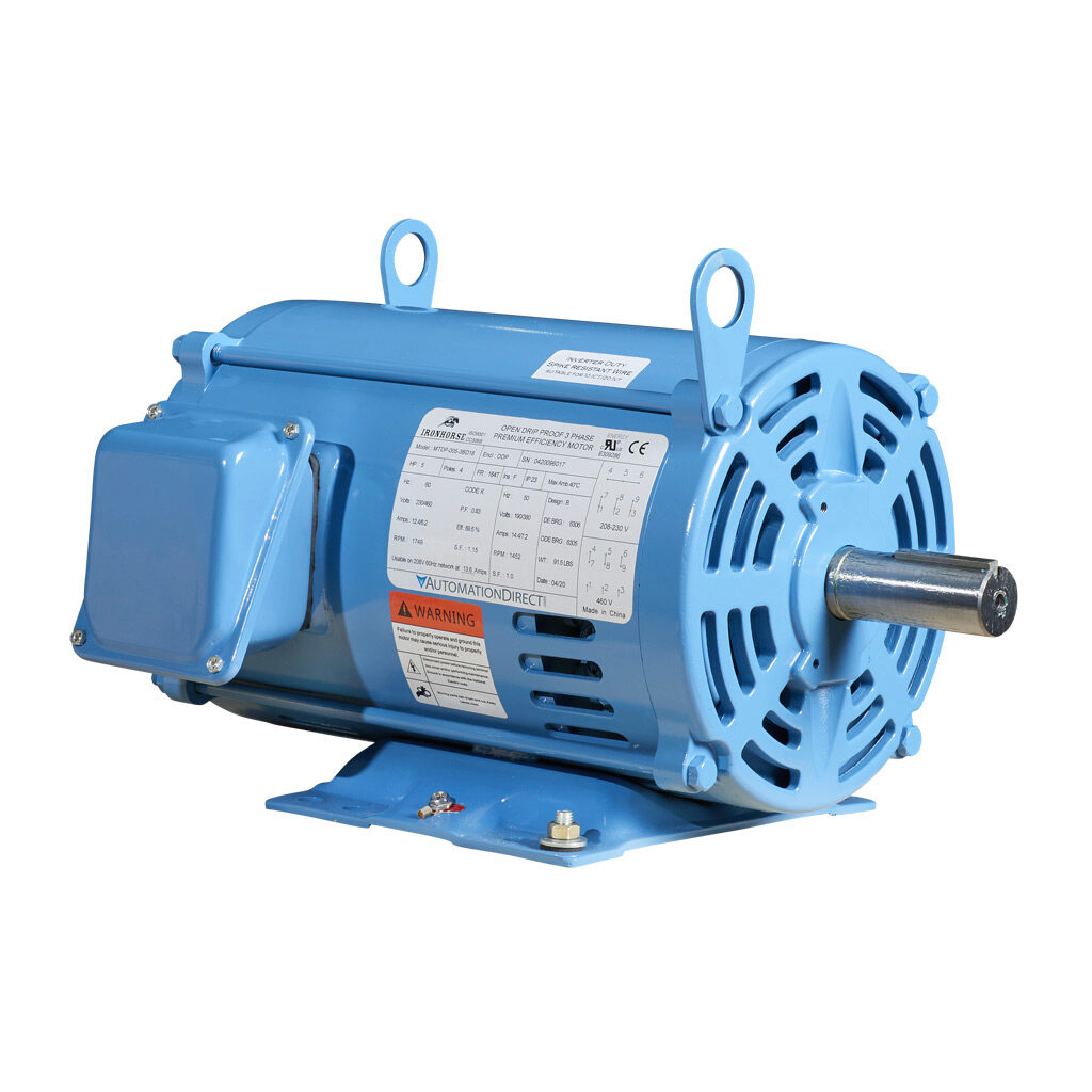 MTDP-005-3BD18 - IronHorse MTDP premium efficiency AC induction motor, general purpose and inverter rated, 5hp, 3-phase, 208-230/460 VAC, 1800rpm, ODP, NEMA 184T frame, rolled steel, rigid base mount.