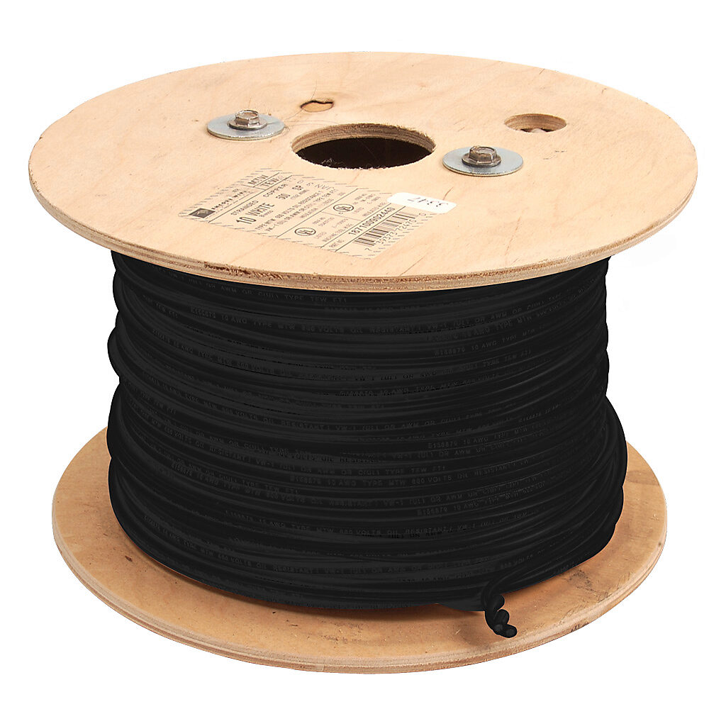 MTW10BK - Atlas Wire MTW hook-up wire, single conductor, 10 AWG, 105-stranded, bare copper, PVC conductor insulation material, black, 600V, 500ft reel.