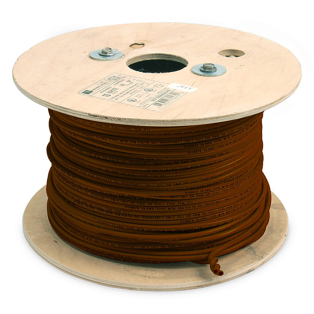 MTW10BN - Atlas Wire MTW hook-up wire, single conductor, 10 AWG, 105-stranded, bare copper, PVC conductor insulation material, brown, 600V, 500ft reel.