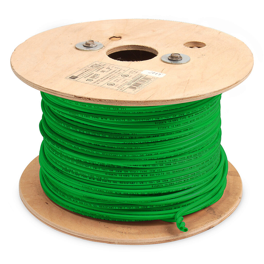 MTW10GN - Atlas Wire MTW hook-up wire, single conductor, 10 AWG, 105-stranded, bare copper, PVC conductor insulation material, green, 600V, 500ft reel.