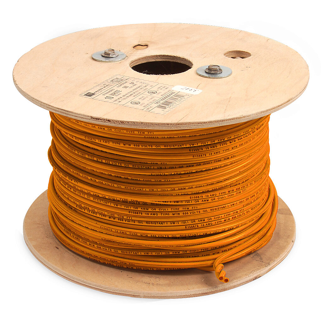 MTW10OR - Atlas Wire MTW hook-up wire, single conductor, 10 AWG, 105-stranded, bare copper, PVC conductor insulation material, orange, 600V, 500ft reel.