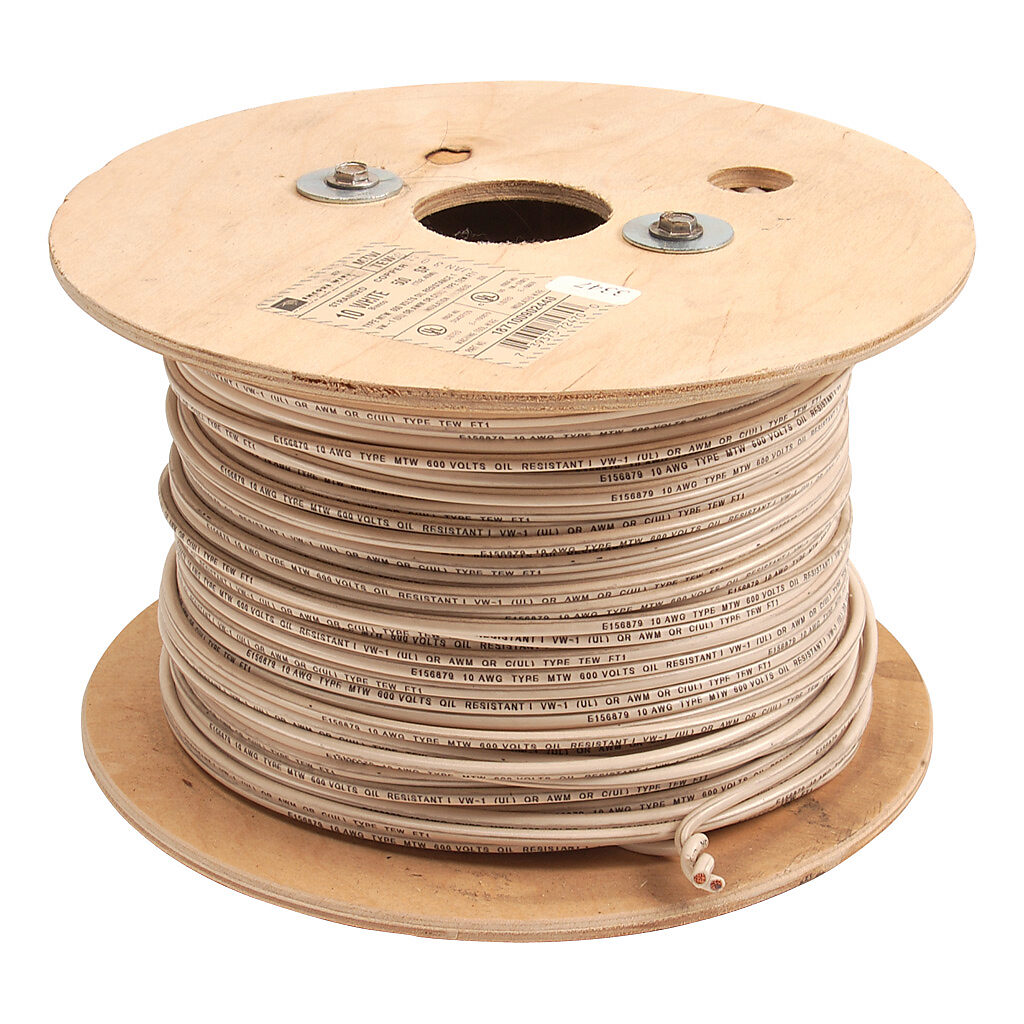 MTW10WH - Atlas Wire MTW hook-up wire, single conductor, 10 AWG, 105-stranded, bare copper, PVC conductor insulation material, white, 600V, 500ft reel.