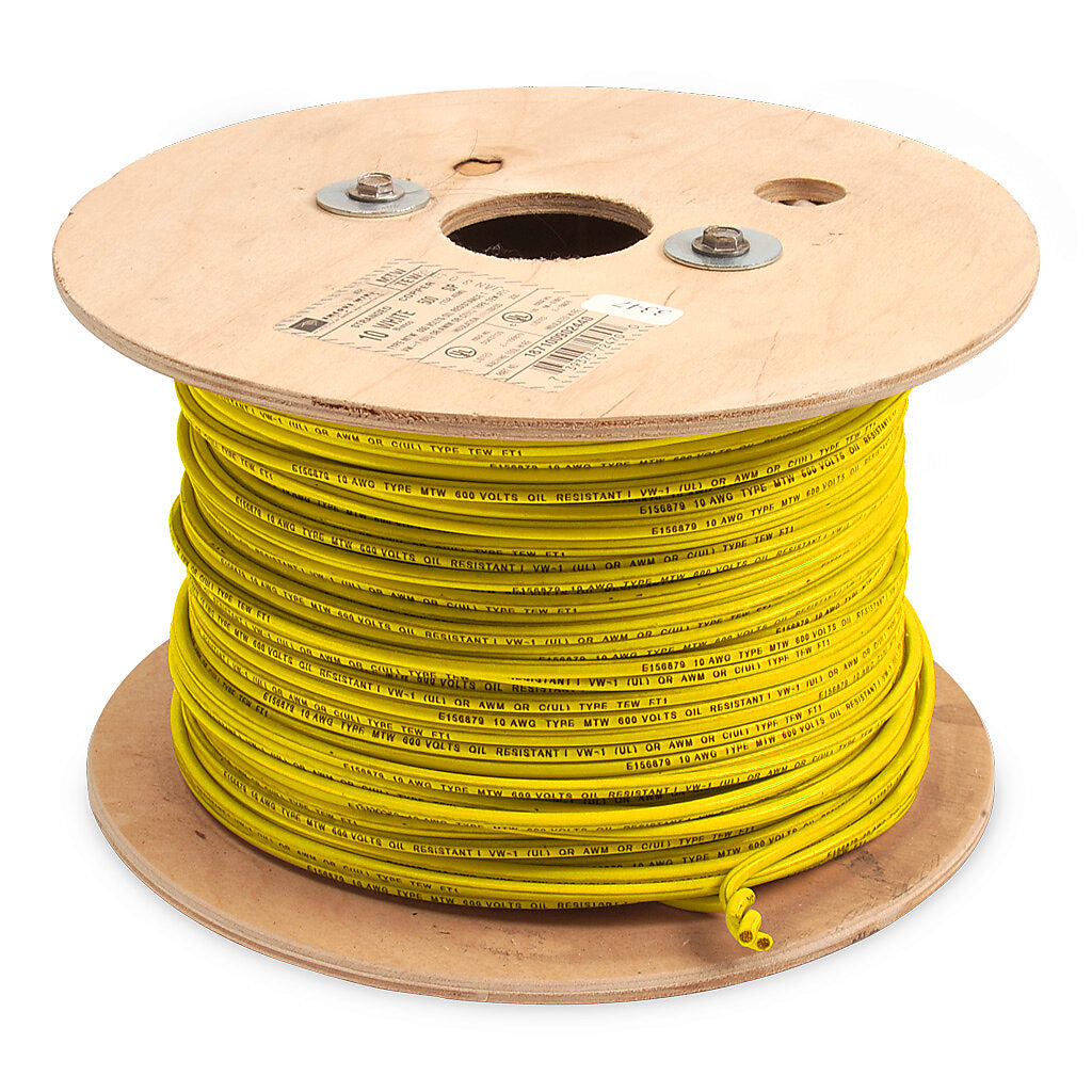 MTW10YL - Atlas Wire MTW hook-up wire, single conductor, 10 AWG, 105-stranded, bare copper, PVC conductor insulation material, yellow, 600V, 500ft reel.