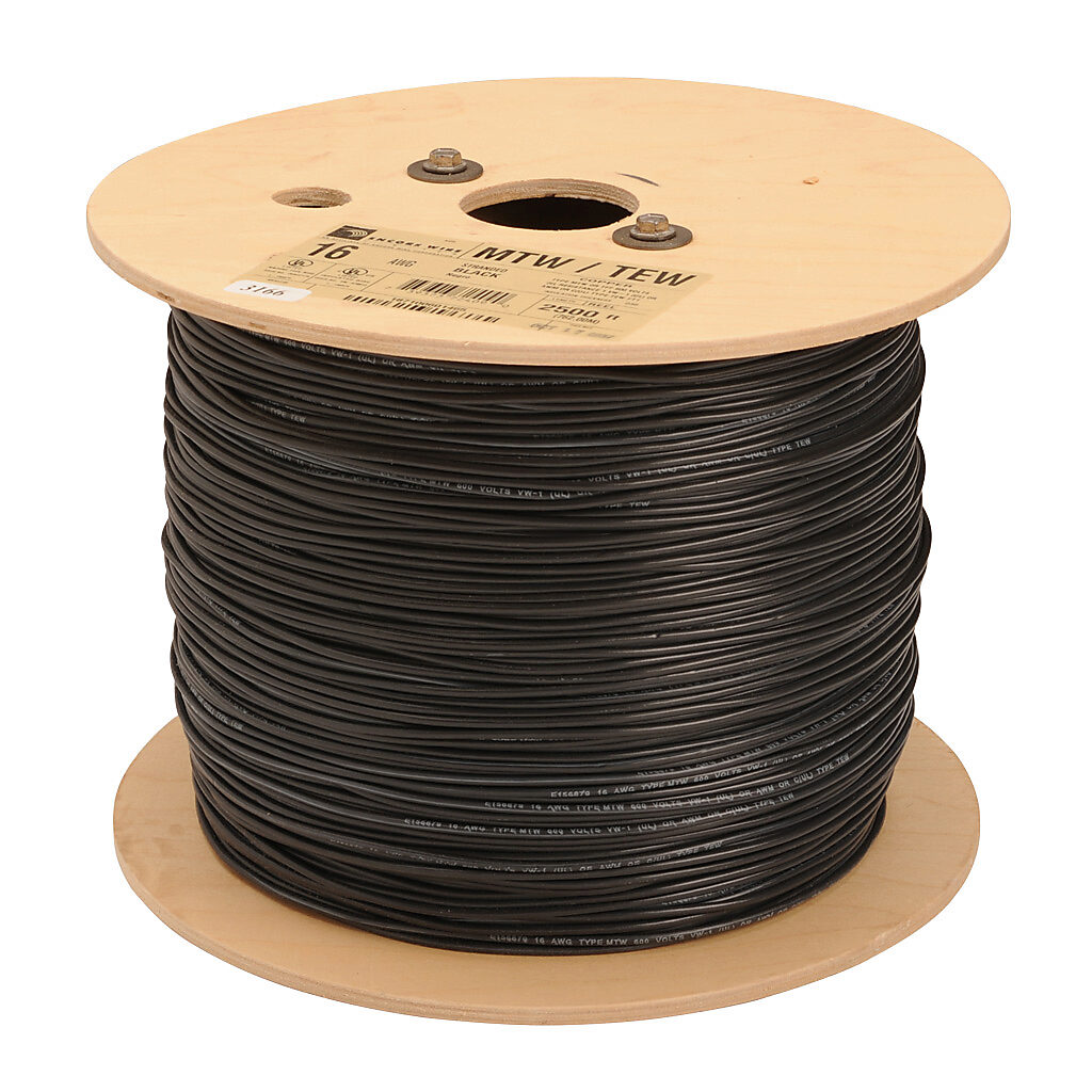 MTW14BK25 - Atlas Wire MTW hook-up wire, single conductor, 14 AWG, 41-stranded, bare copper, PVC conductor insulation material, black, 600V, 2500ft reel.